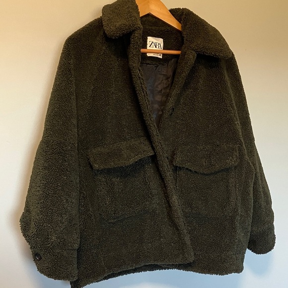 Zara Olive Army Green Fleece Jacket Coat - Picture 3 of 6